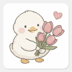 Cute Baby Duck Holding Tulip Bouquet Aesthetic Square Sticker