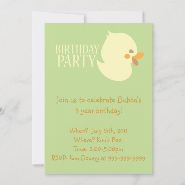 Cute Baby Duckling Rubber Ducky Birthday Invites (Front)