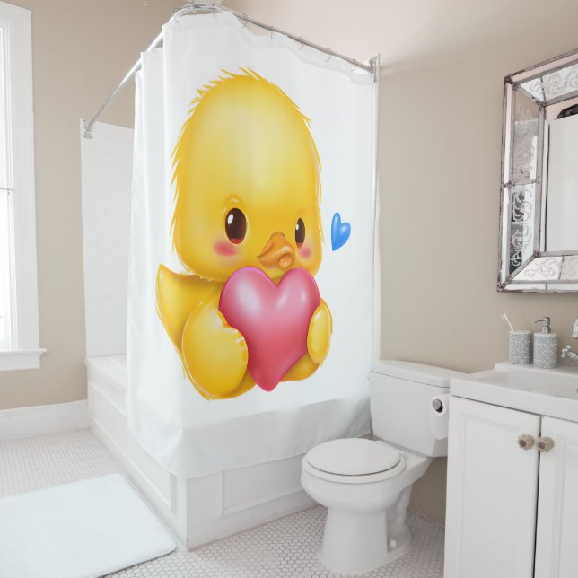Cute Baby Duckling with a Pink Valentine Heart  Shower Curtain (In Situ)