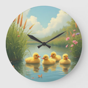 cute baby ducks in pond with flowers large clock