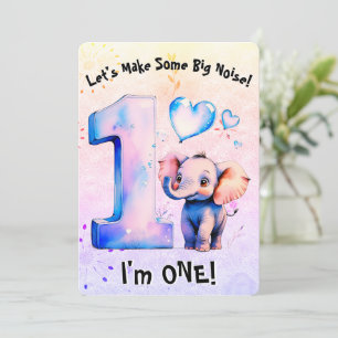 Cute Baby Elephant 1st Birthday Girls Pink Hearts Invitation