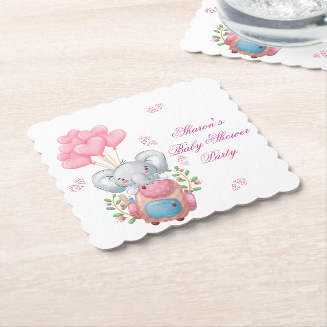 Cute Baby Elephant and Balloon | Baby Shower  Paper Coaster (Angled)