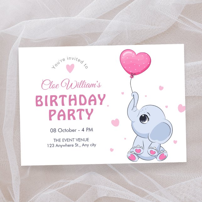 Cute baby elephant and balloon birthday invitation (Creator Uploaded)