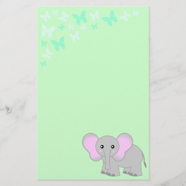 Cute Baby Elephant And Butterflies Stationery (Front)