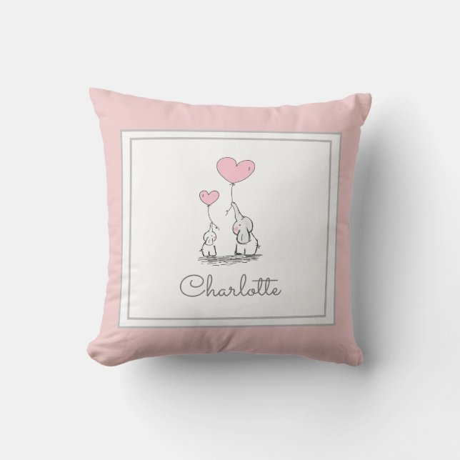 Cute Baby Elephant and Mum with Balloons Pink Girl Cushion (Front)
