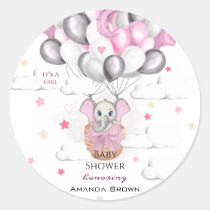 Cute Baby Elephant Balloon Basket Girl Baby Shower Classic Round Sticker