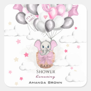 Cute Baby Elephant Balloon Basket Girl Baby Shower Square Sticker