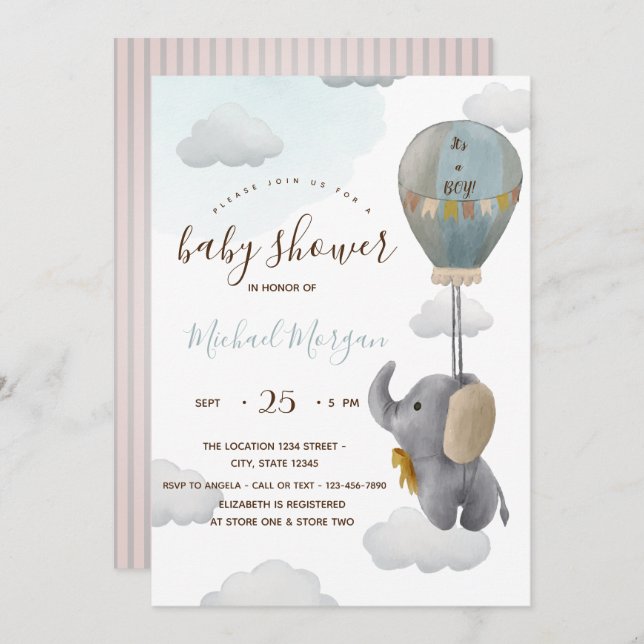 Cute Baby Elephant Balloon Stripes Baby Shower Invitation (Front/Back)