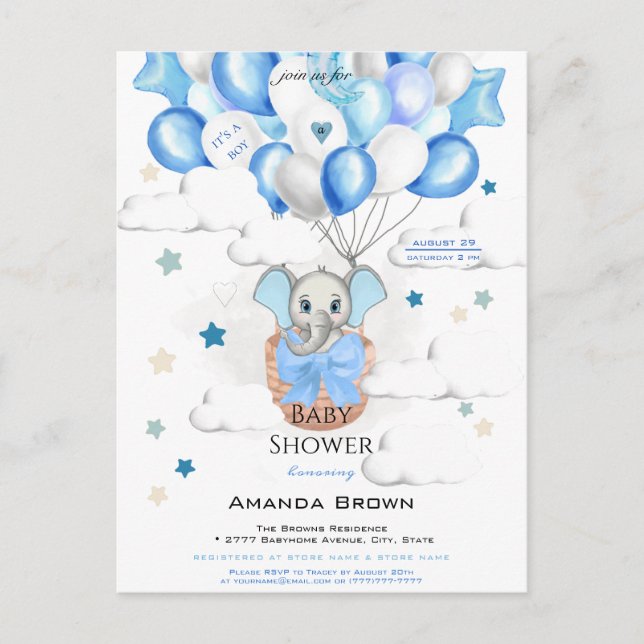 Cute Baby Elephant Balloons Basket Boy Baby Shower Invitation Postcard (Front)