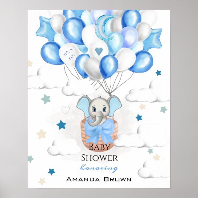 Cute Baby Elephant Balloons Basket Boy Baby Shower Poster (Front)