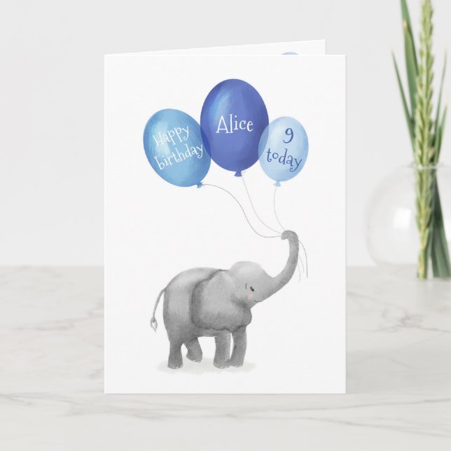 Cute baby elephant birthday age card (bliue) (Front)