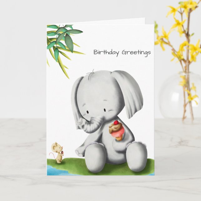 Cute Baby Elephant Birthday Card (Yellow Flower)