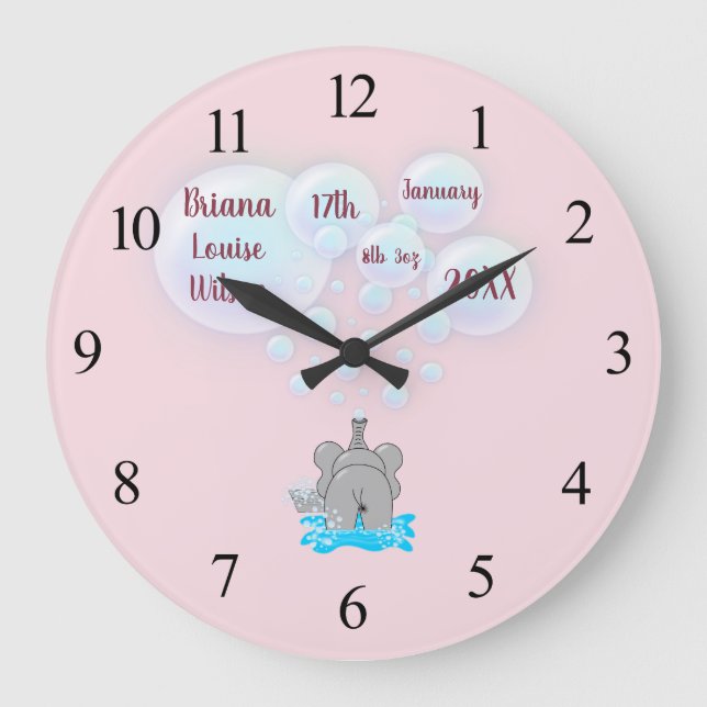 Cute Baby Elephant Blowing Bubbles Monogrammed Large Clock (Front)