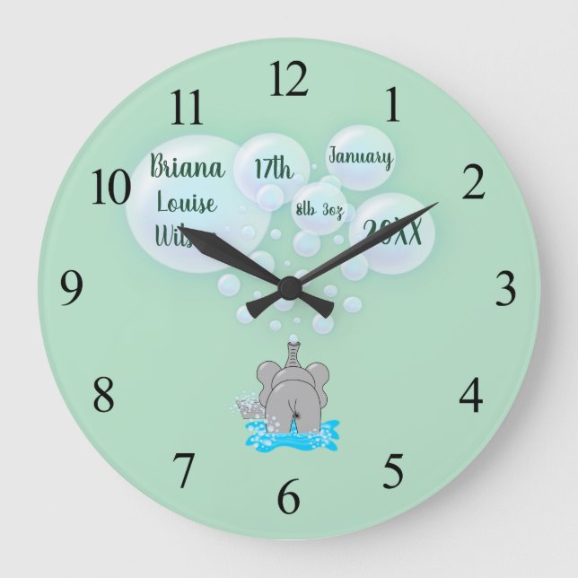 Cute Baby Elephant Blowing Bubbles Monogrammed Large Clock (Front)