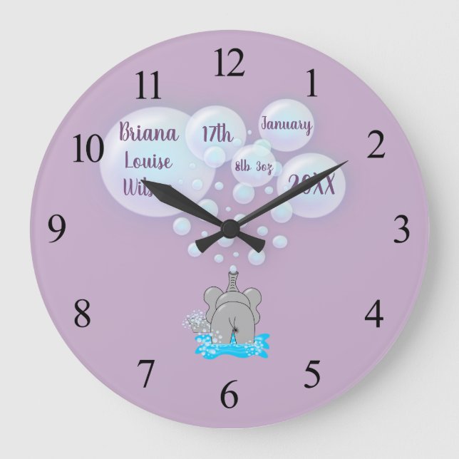 Cute Baby Elephant Blowing Bubbles Monogrammed Large Clock (Front)