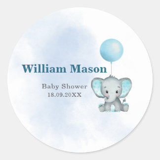 Cute Baby Elephant Blue Balloon Watercolor  Classic Round Sticker