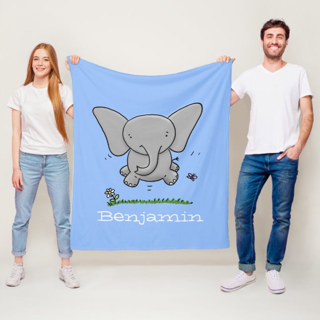 Cute baby elephant blue cartoon illustration fleece blanket (In Situ)