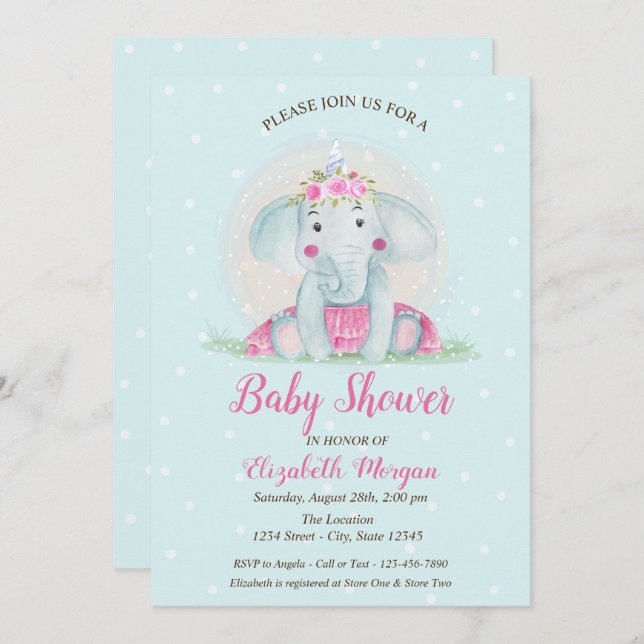 Cute Baby Elephant, Blue Dots Baby Shower Invitation (Front/Back)