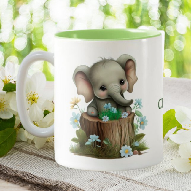 Cute Baby Elephant Blue Flowers Personalised  Two-Tone Coffee Mug (Creator Uploaded)