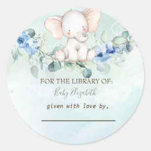 Cute Baby Elephant Blue Roses Classic Round Sticker