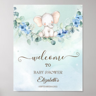Cute Baby Elephant Blue Roses Poster