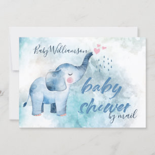Cute Baby Elephant Blue Watercolor Shower By Mail Invitation