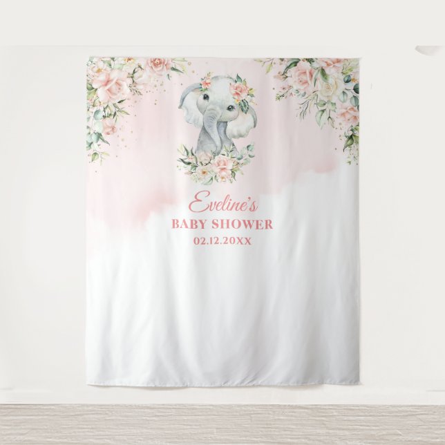 Cute baby elephant blush floral gold baby shower tapestry (Front)