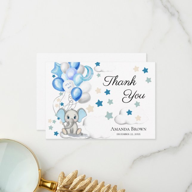 Cute Baby Elephant Boy Baby Shower | Thank You (Front/Back In Situ)