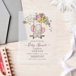 Cute Baby Elephant Boy Floral Swing Baby Shower Vellum Invitations