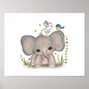 Cute Baby Elephant Bunny Poster Print