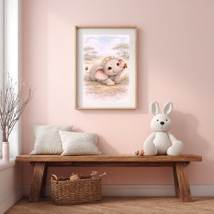 Cute Baby Elephant & Butterfly Nursery Room Kids Poster