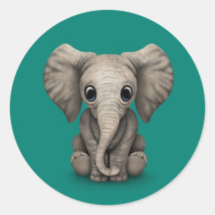Cute Baby Elephant Calf Sitting Down, Teal Blue Classic Round Sticker