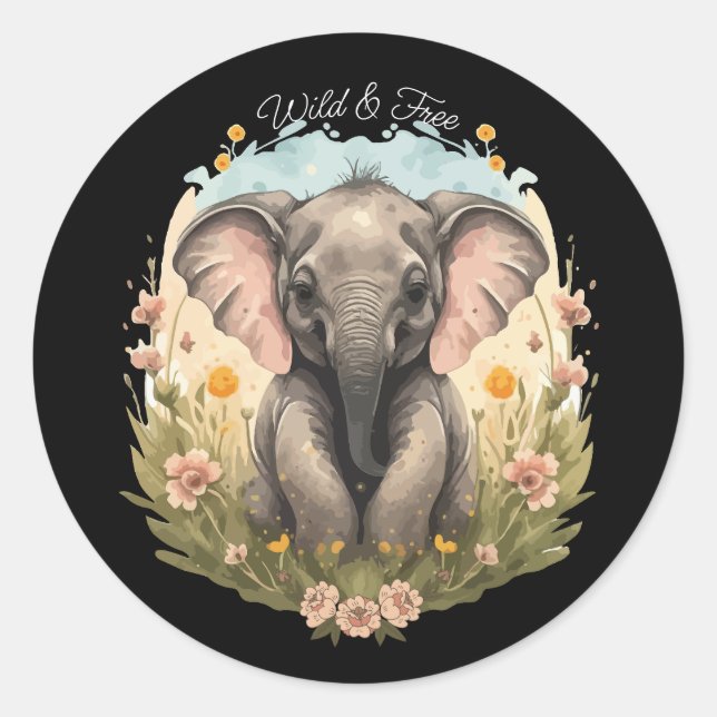 Cute Baby Elephant Calf Wildflower Wanderlust Classic Round Sticker (Front)