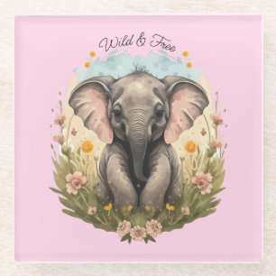Cute Baby Elephant Calf Wildflower Wanderlust Glass Coaster