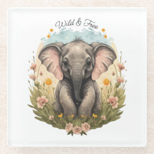 Cute Baby Elephant Calf Wildflower Wanderlust Glass Coaster