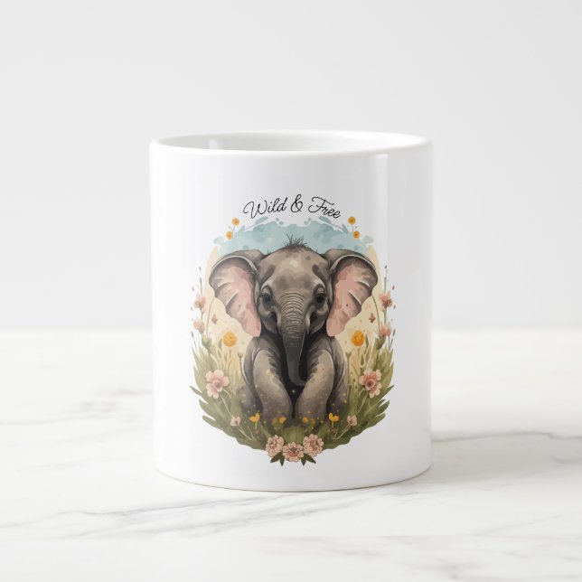 Cute Baby Elephant Calf Wildflower Wanderlust  Large Coffee Mug (Front)