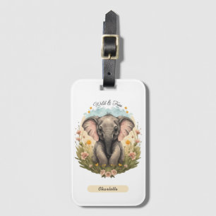 Cute Baby Elephant Calf Wildflower Wanderlust  Luggage Tag