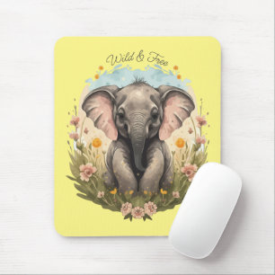 Cute Baby Elephant Calf Wildflower Wanderlust Mouse Pad