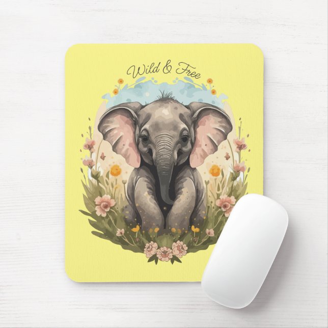 Cute Baby Elephant Calf Wildflower Wanderlust Mouse Pad (With Mouse)