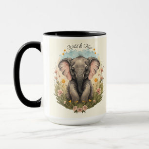 Cute Baby Elephant Calf Wildflower Wanderlust  Mug