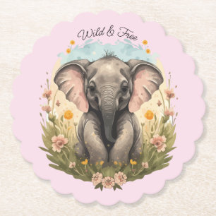 Cute Baby Elephant Calf Wildflower Wanderlust Paper Coaster
