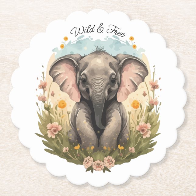 Cute Baby Elephant Calf Wildflower Wanderlust Paper Coaster (Front)