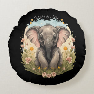 Cute Baby Elephant Calf Wildflower Wanderlust Round Cushion