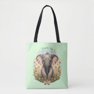 Cute Baby Elephant Calf Wildflower Wanderlust Tote Bag