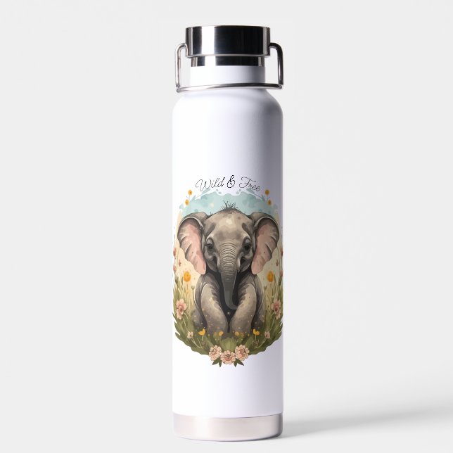 Cute Baby Elephant Calf Wildflower Wanderlust Water Bottle (Back)