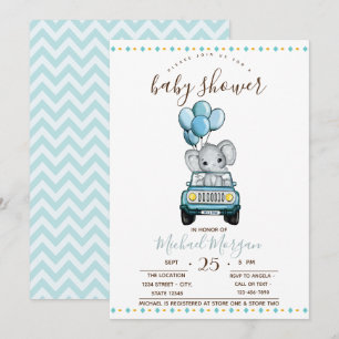 Cute Baby Elephant Car,Zigzag Baby Shower Invitation