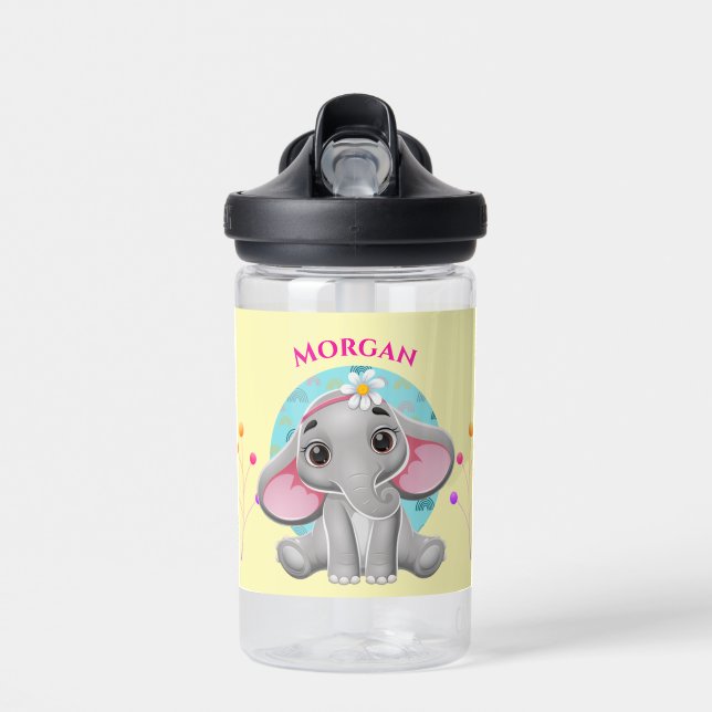 Cute Baby Elephant, Child's Name Water Bottle (Front)