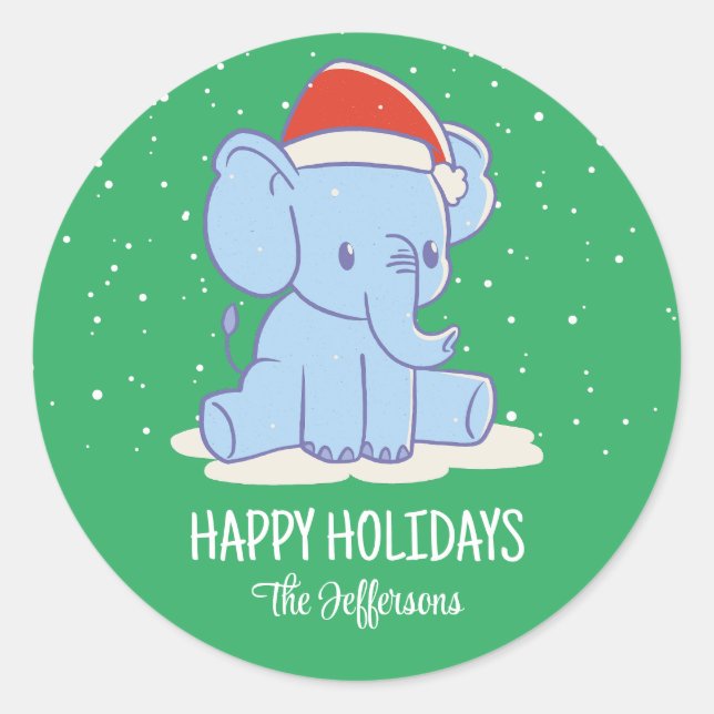 Cute Baby Elephant Christmas Snowy Winter Holiday Classic Round Sticker (Front)