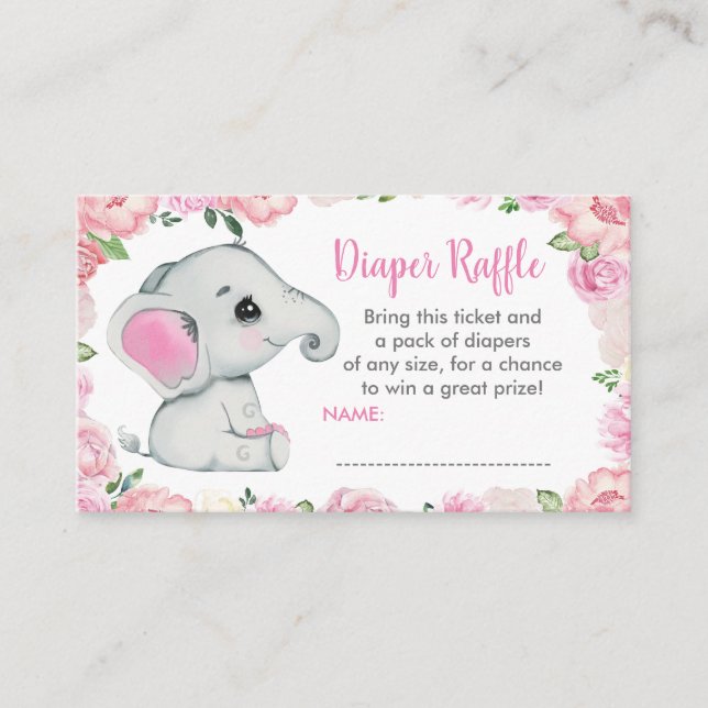 Cute Baby Elephant diaper raffle ticket, pink Enclosure Card (Front)