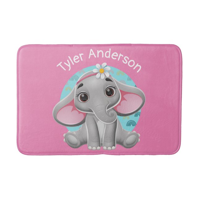 Cute Baby Elephant, DIY Name, Pink Bath Mat (Front)